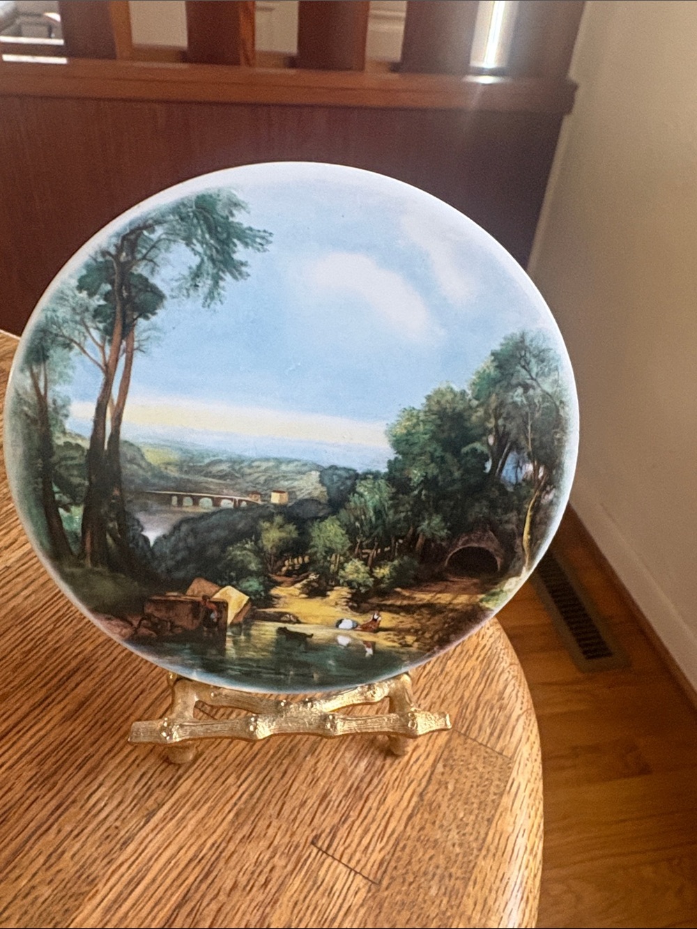 Scenic English Decorative Collector Plate on Gold Bamboo Stand